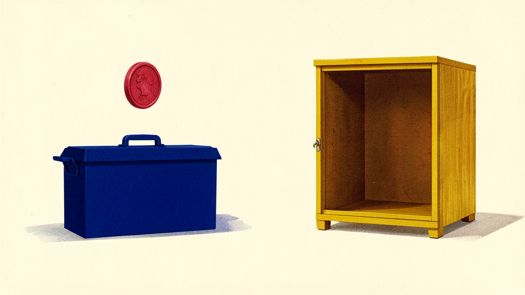 Blue metal box with red coin above and open yellow cabinet side by side on beige background