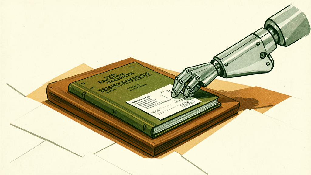 Robotic arm signs reservation form on green 'Restaurant Reservation System' book atop wooden board