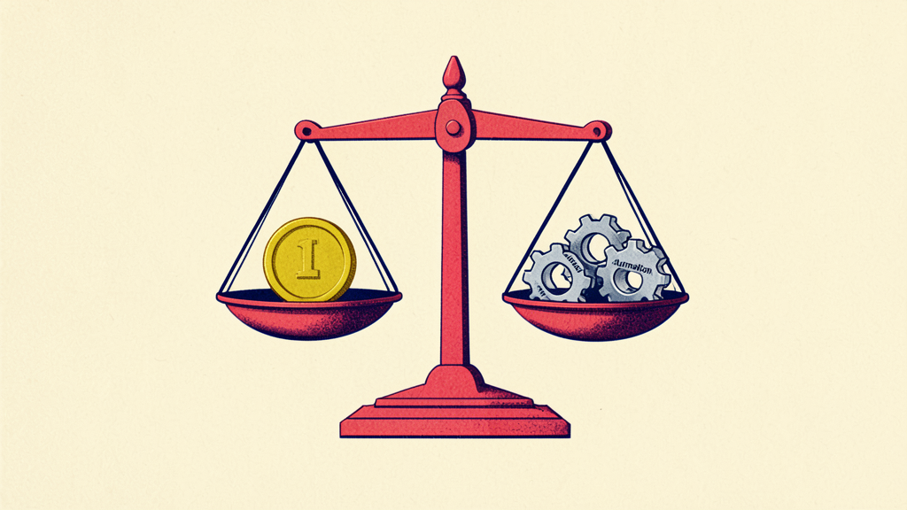 Vintage red balance scale weighing a gold '1' coin against three gray gears labeled 'Automation'.