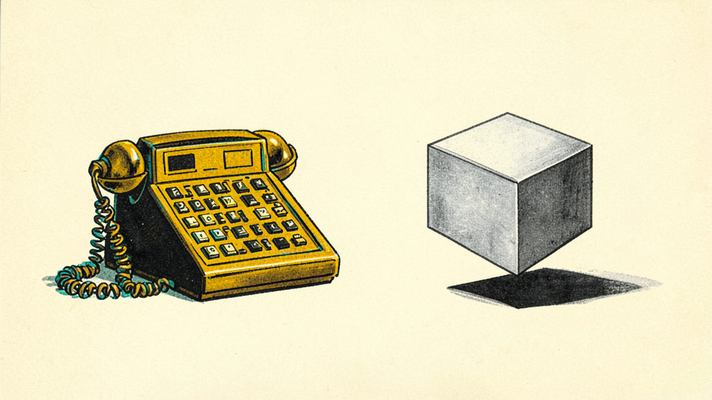 Vintage yellow keypad telephone with coiled cord beside gray 3D cube on beige background