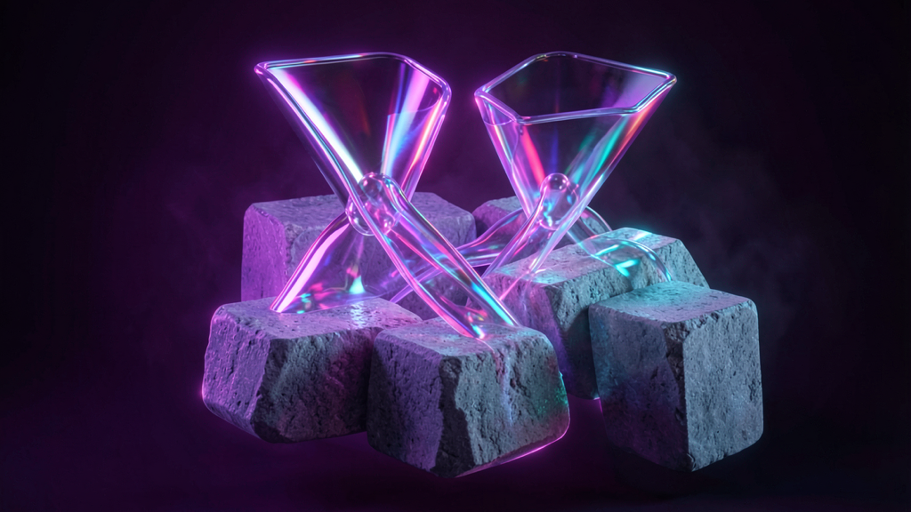 Two glowing glass hourglass forms rest on textured stone cubes against a dark purple backdrop.