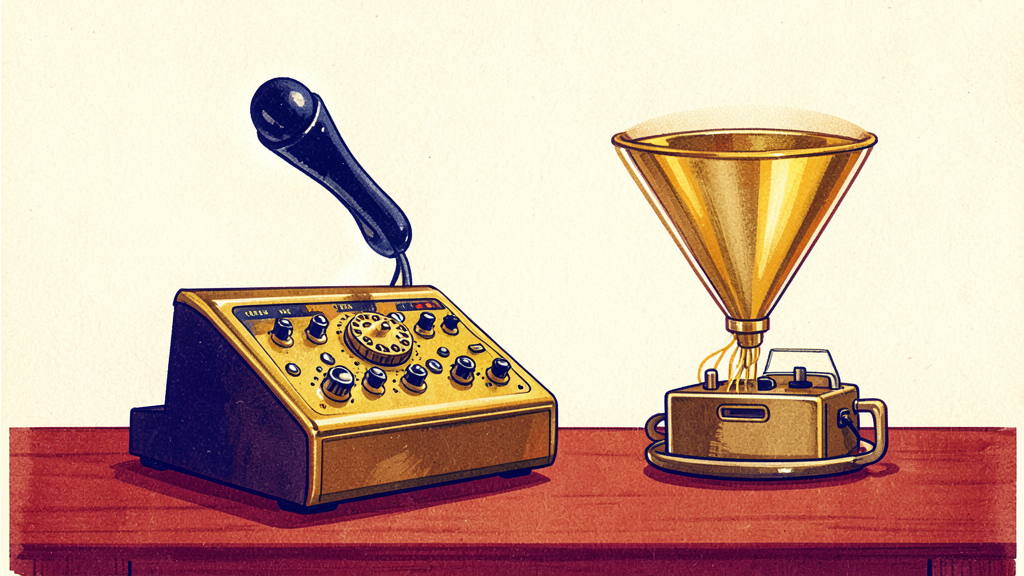 Vintage telephone with black handset and knobs beside golden funnel-shaped device on wooden surface