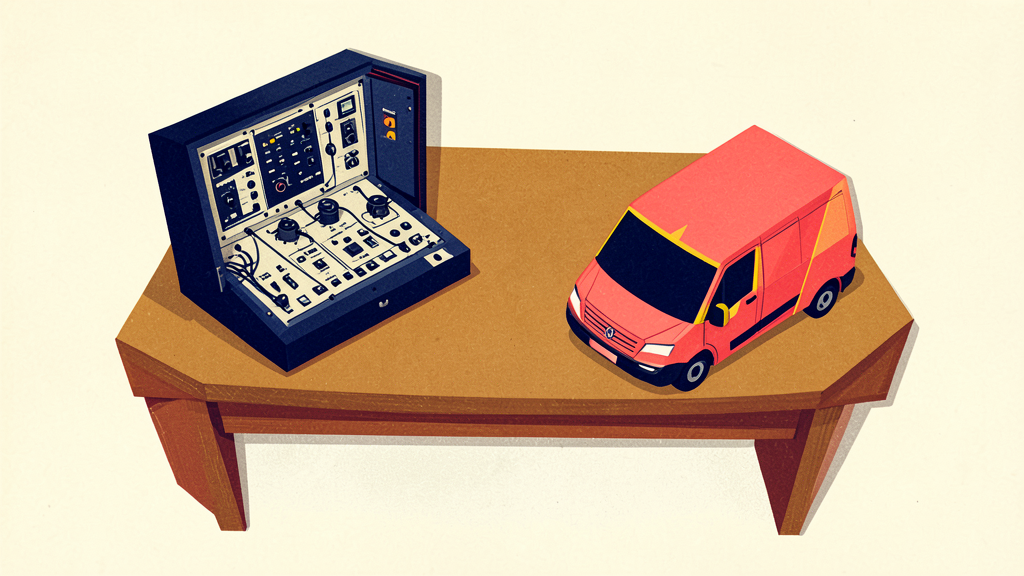 Open vintage radio mixing console and red delivery van sit side-by-side on wooden table in flat illustration style