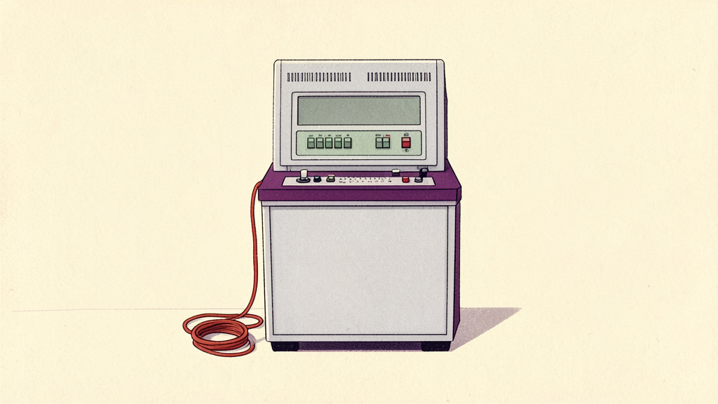 Retro-style electronic device with screen, buttons, and coiled red cable on beige background