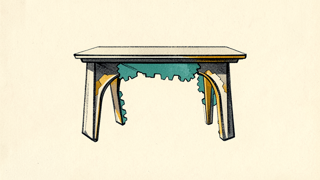 Rectangular table with interlocking teal and yellow gears beneath its legs