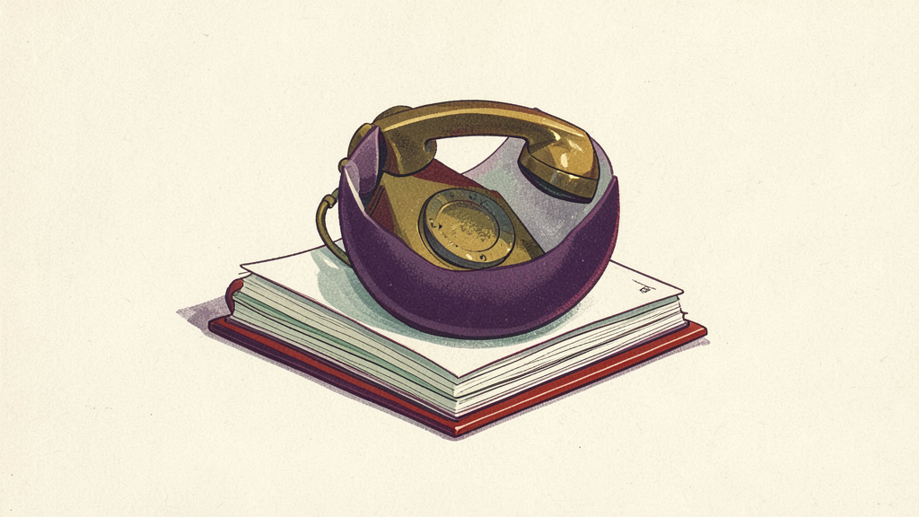 Vintage golden rotary telephone with purple base rests on an open book