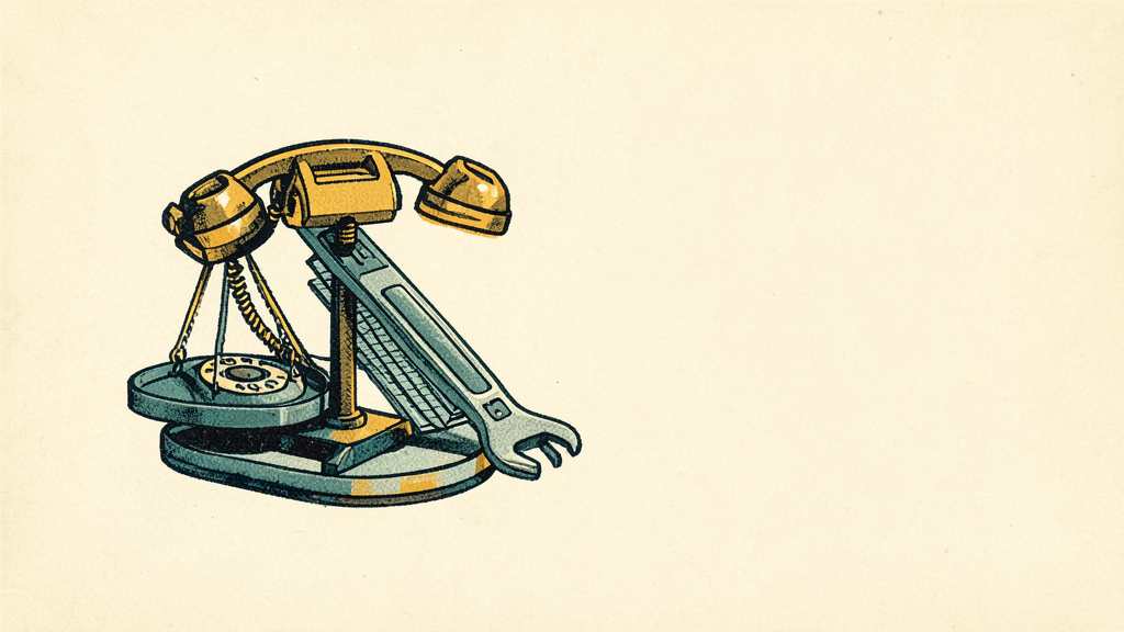 Vintage drawing shows rotary phone, wrench, and scale for HVAC plumbing service tools.