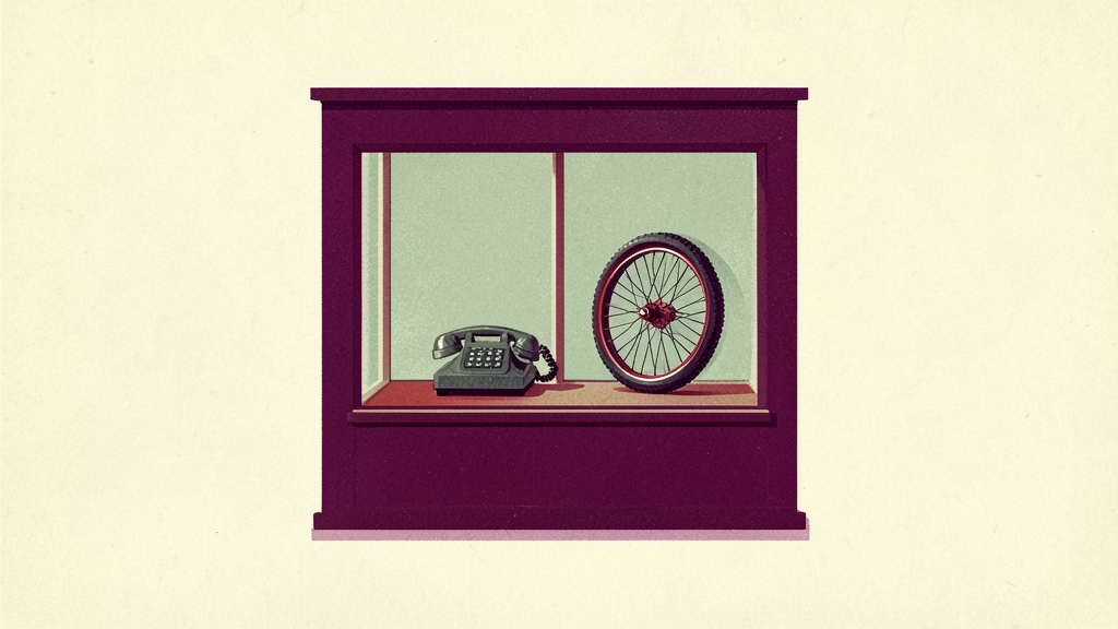 Retro illustration of a dark purple-framed window display with vintage telephone and red-rimmed bicycle wheel