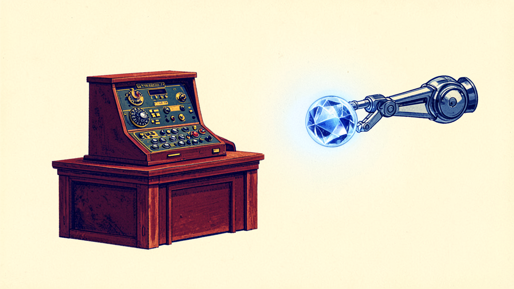 Vintage wooden console with dials faces robotic arm holding glowing blue crystal sphere, symbolizing AI vs live service.