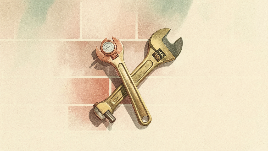 Watercolor illustration shows crossed adjustable wrench and pressure gauge tool on brick wall for HVAC plumbing maintenance.