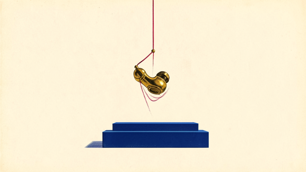 Golden vintage telephone receiver suspended by red string above blue stepped platform in minimalist retro style