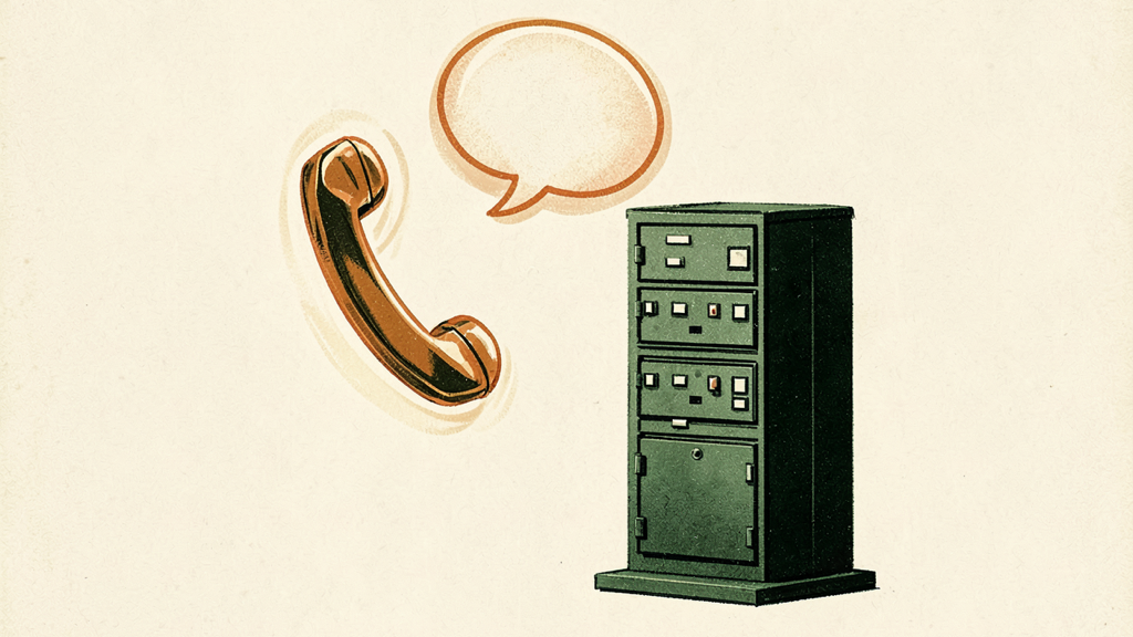 Vintage-style illustration of brown telephone handset with speech bubble beside green filing cabinet