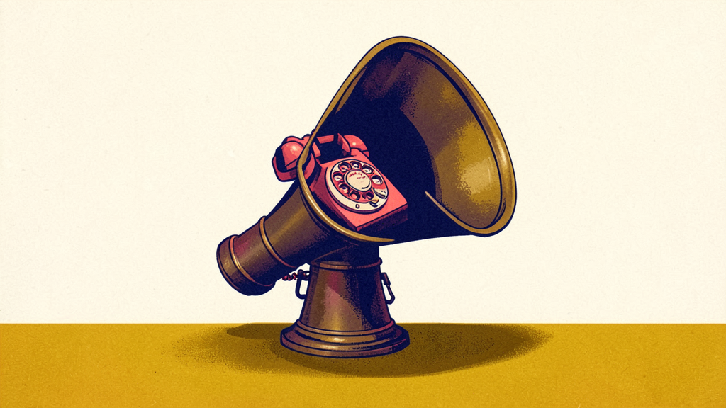 Vintage brass megaphone holding a red rotary telephone inside, illustrated in retro style on yellow surface