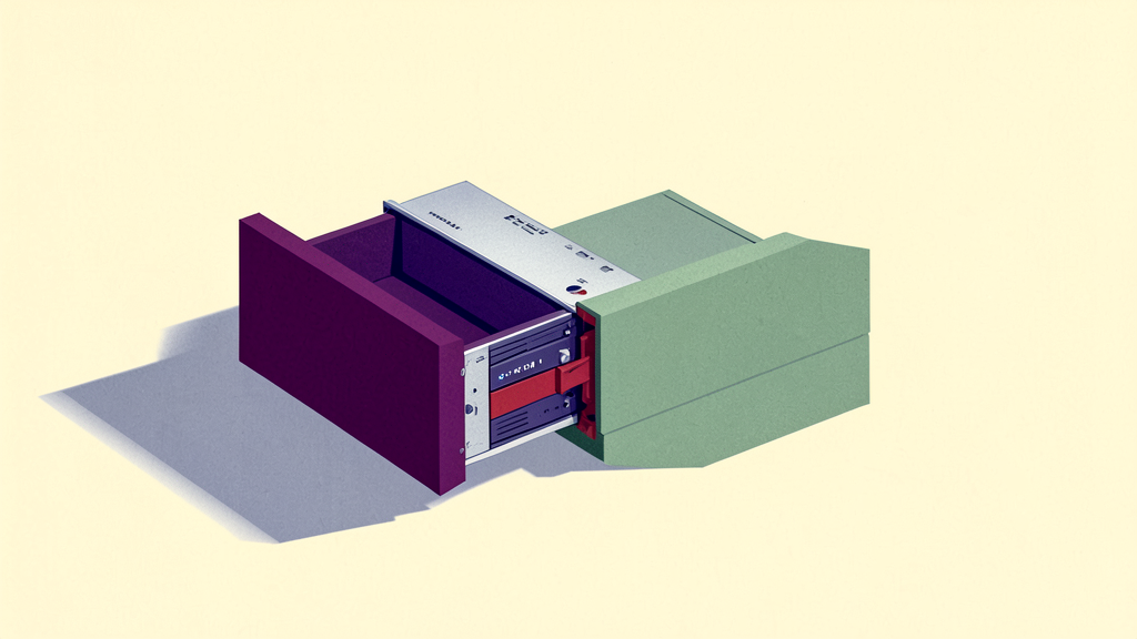 3D isometric illustration of a purple drawer opening to reveal a silver panel with buttons and stacked red/blue modules beside a green box.