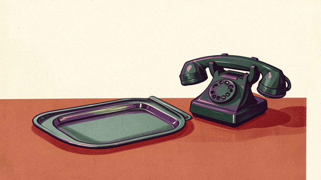 Vintage green rotary phone and metal tray on orange surface in retro illustration style
