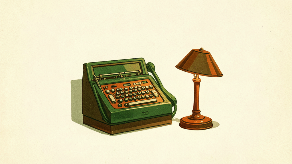 Vintage green telephone with orange keypad and brown desk lamp side by side on a plain background