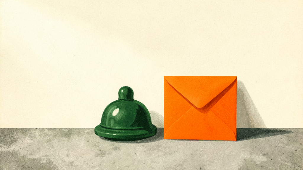 Green service bell and bright orange envelope rest on textured concrete against pale wall, symbolizing missed call texts for trades.