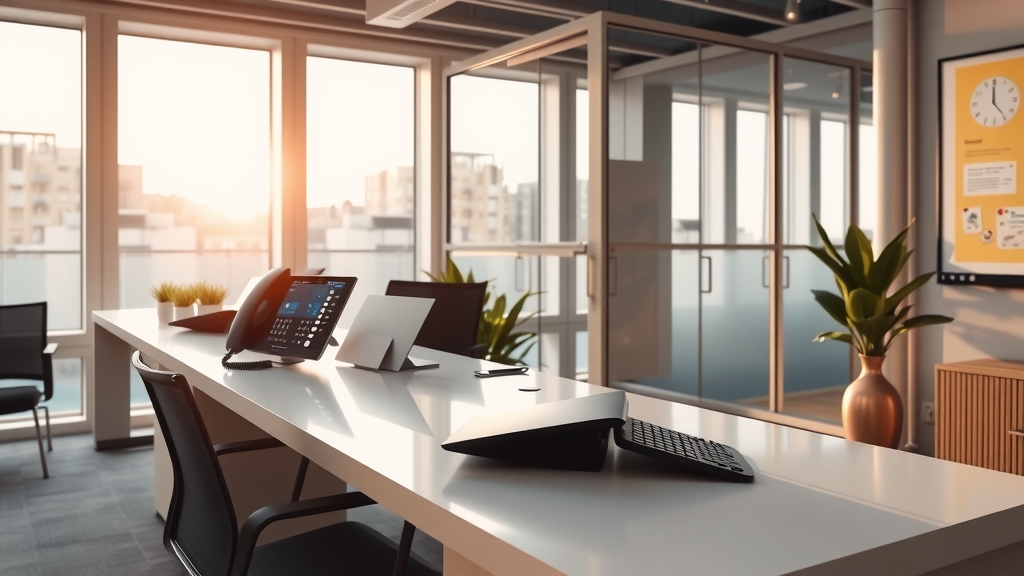 Modern reception desk with VoIP phone system and voice AI interface