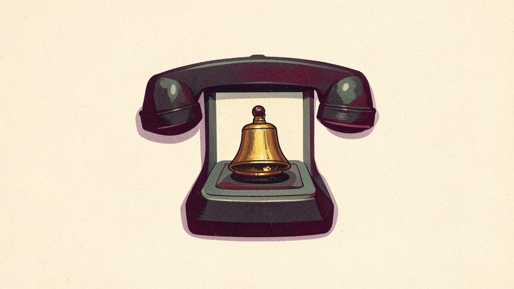 Vintage telephone handset cradles a golden bell within its base, illustrated in retro style.