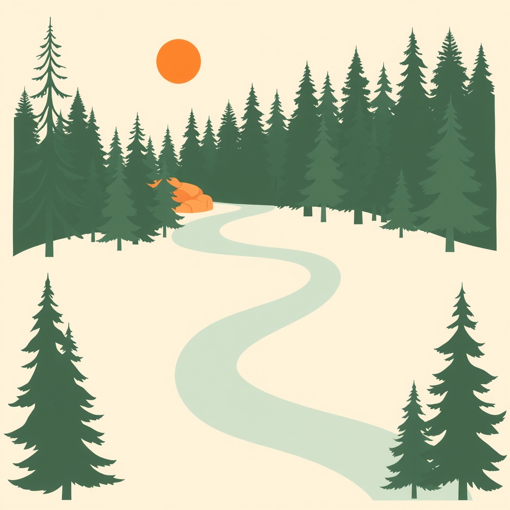 Flat illustration of the Deschutes River winding through a pine forest