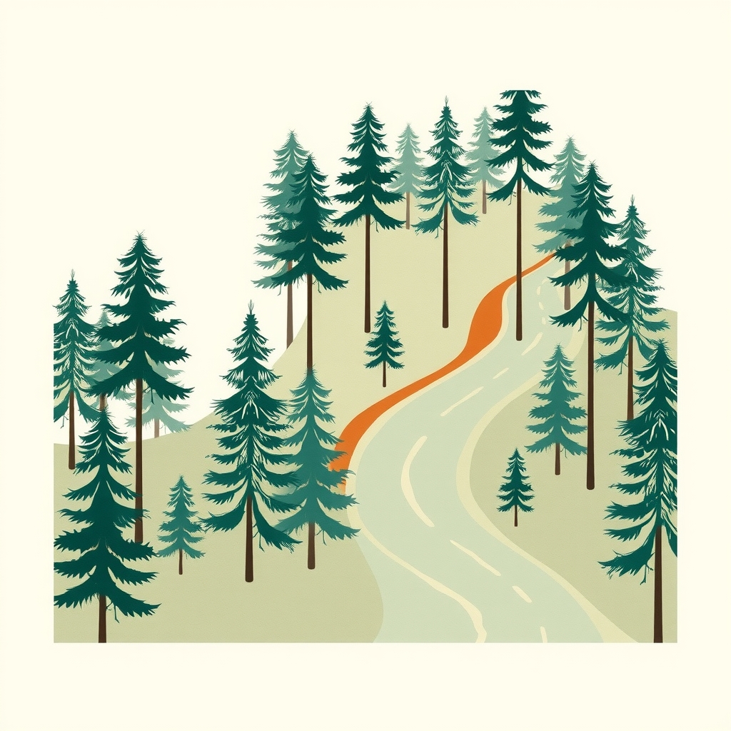 Flat illustration of the Deschutes River winding through a pine forest