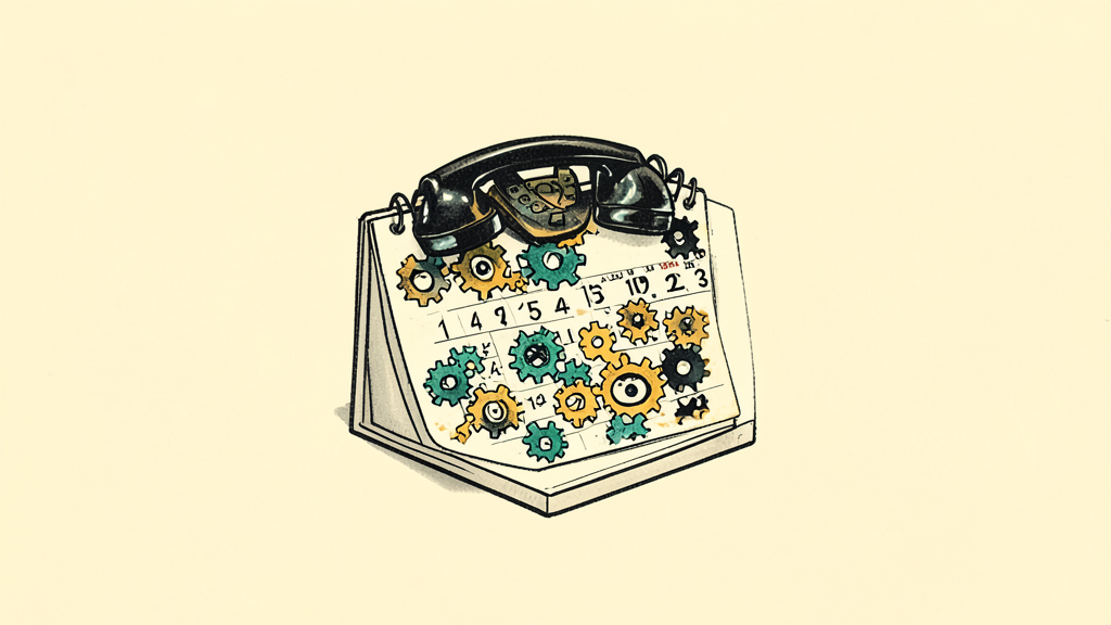 Vintage rotary phone atop calendar page with numbered days and gears connecting voice agent to calendar