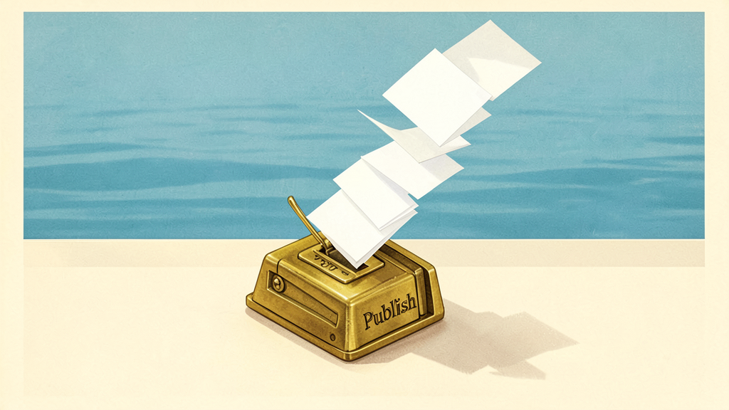 A golden "Publish" device ejects stacked white papers against a blue ocean backdrop