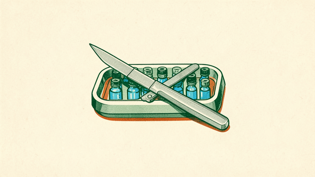Retro illustration features a silver knife across a green tray holding eight small blue glass vials