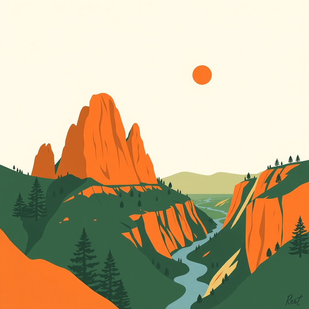 Flat illustration of Smith Rock's orange spires above a river canyon