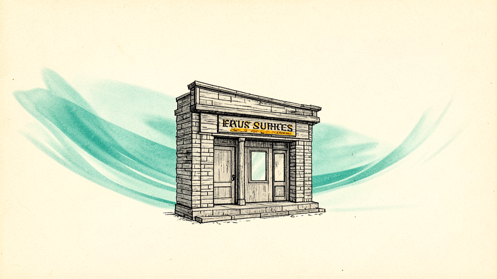 Hand-drawn stone building with 'EAVS SURFES' sign and teal watercolor wave accents