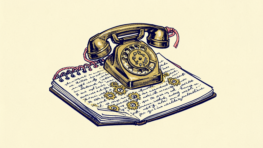 Hand-drawn vintage rotary phone rests on an open notebook with handwritten notes and gear illustrations.