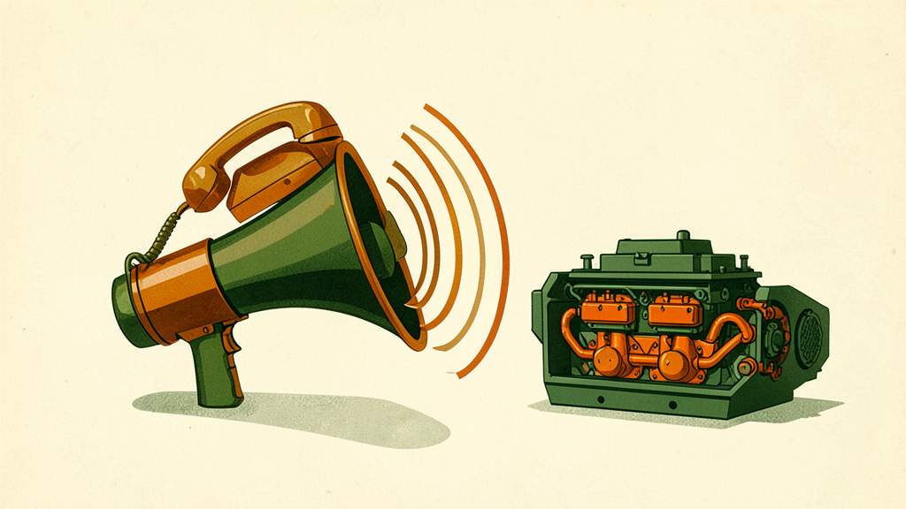 Retro-style illustration features a green megaphone with telephone handset emitting sound waves beside an open-engine unit.