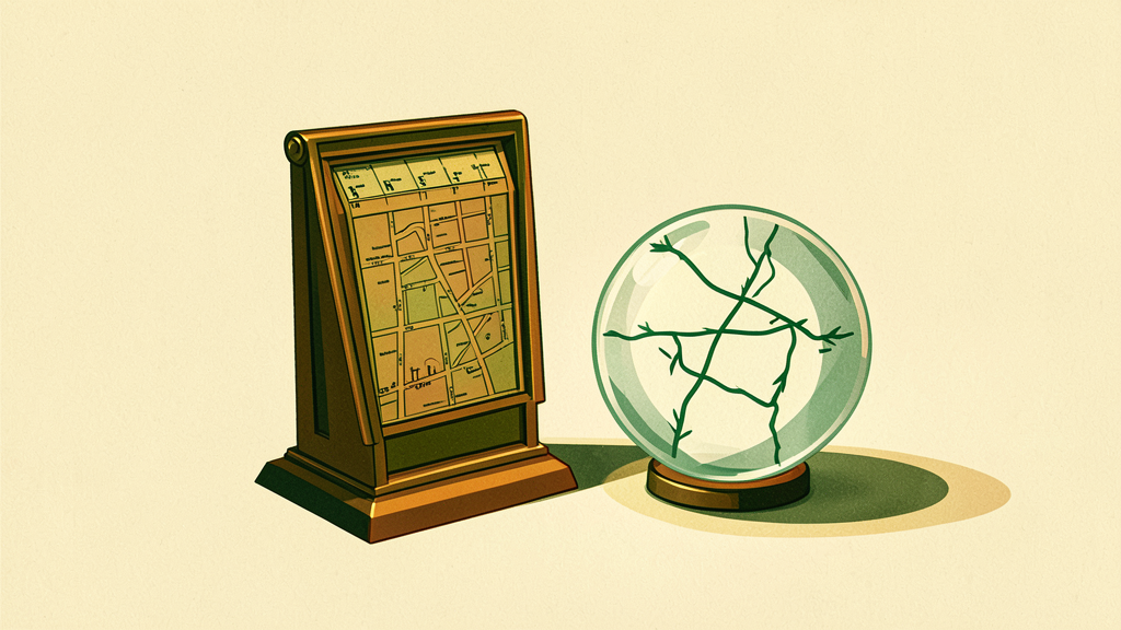 Vintage street map display next to a glass sphere with green branches, retro-style illustration