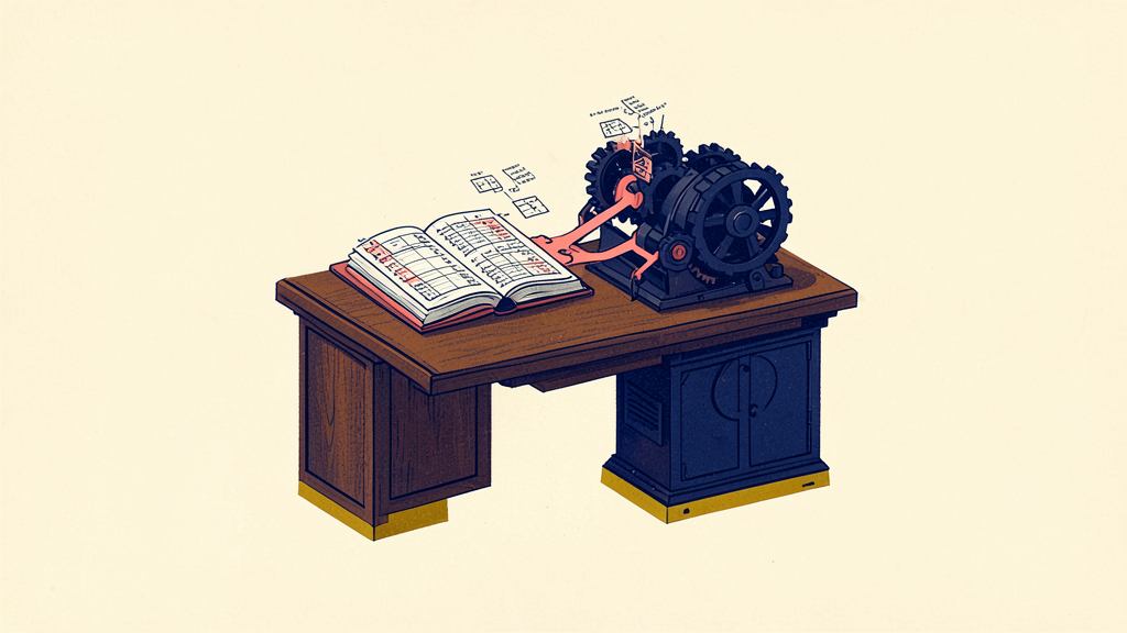 Wooden desk holds open planner and mechanical gears linked by red arms to floating data boxes.