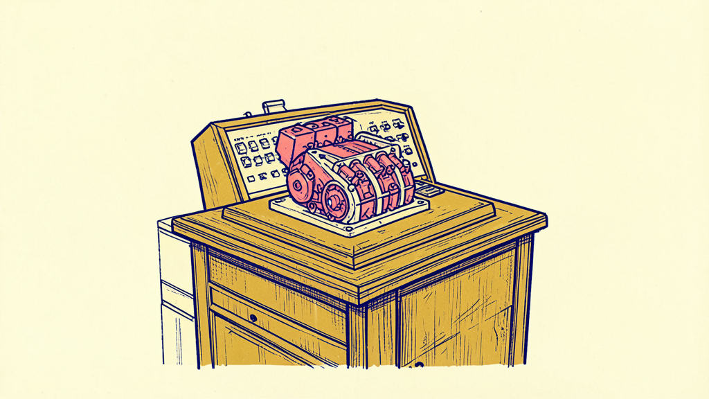Hand-drawn vintage mechanical device with red components and control panels on wooden desk