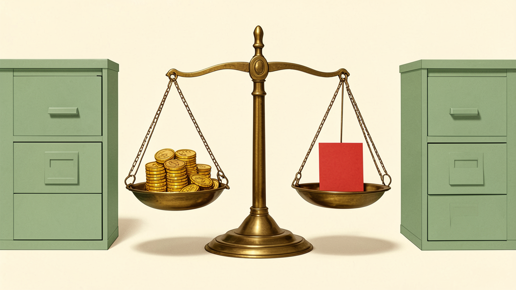 Brass balance scale holds gold coins versus red block, flanked by green filing cabinets