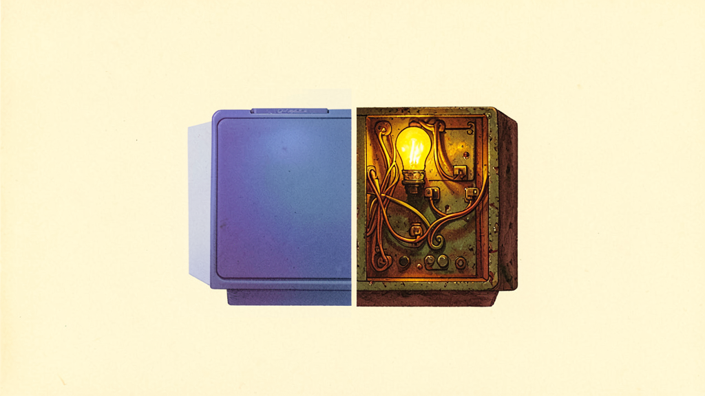 A split box shows a closed blue panel on left and open interior with lit bulb and tangled wires on right.