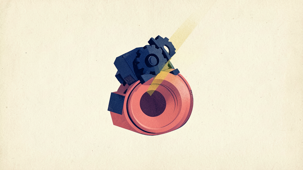 Blue gears interlocking with red circular speaker and yellow light beam in flat design.