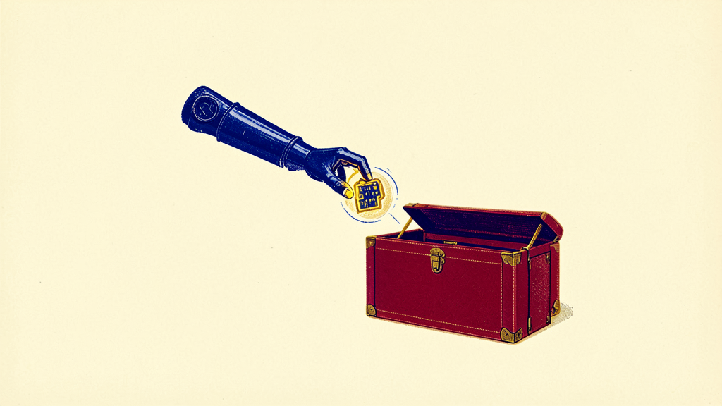 Vintage illustration shows blue mechanical arm placing grid-patterned key into open red treasure chest for selling to AI agents