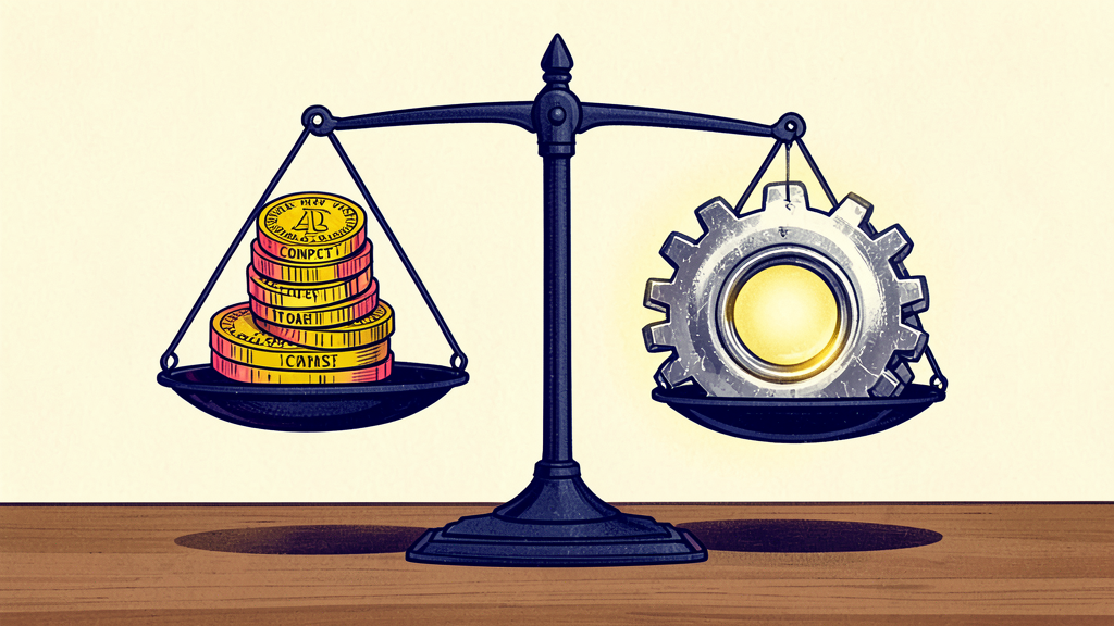 Balance scale holds stacked SEO, AEO, GEO coins against a large metallic gear in flat illustration.