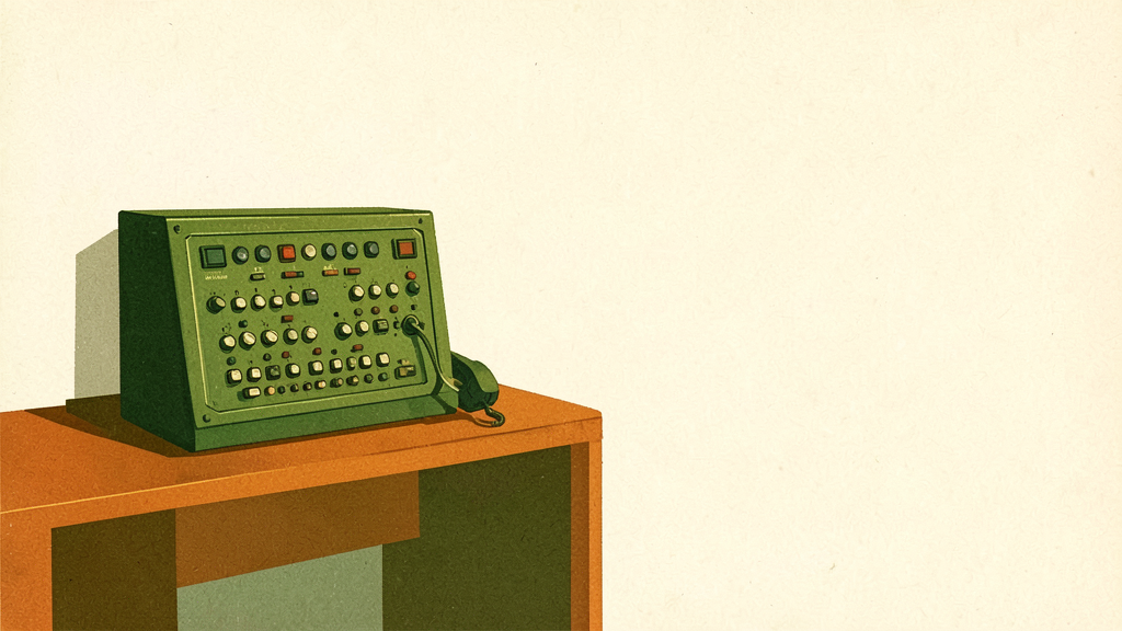 Retro-style illustration of a green electronic control panel with knobs, buttons, and a handset on an orange desk