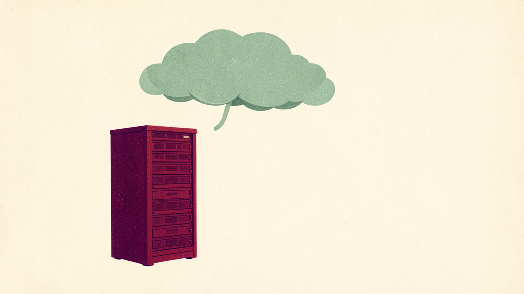Red filing cabinet with a green cloud floating above in minimalist style