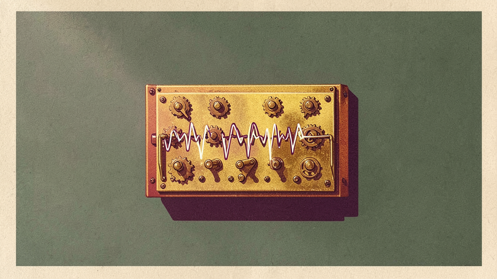 Brass control panel with interlocking gears and a purple waveform line against muted green background