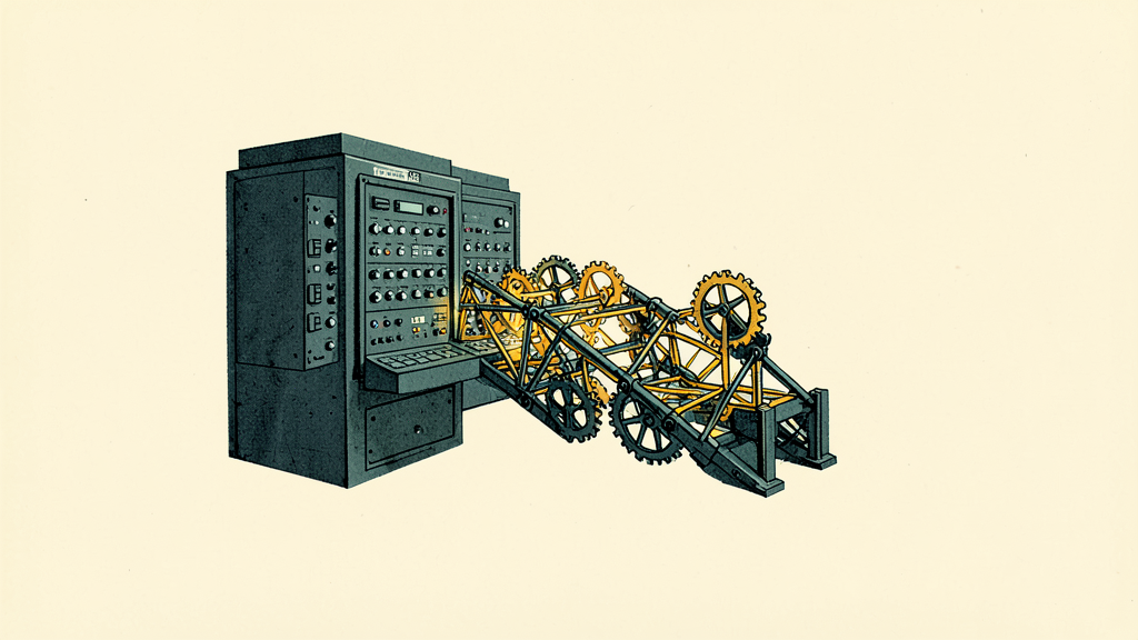 Dark gray control panel with knobs connects to yellow gears in a mechanical framework