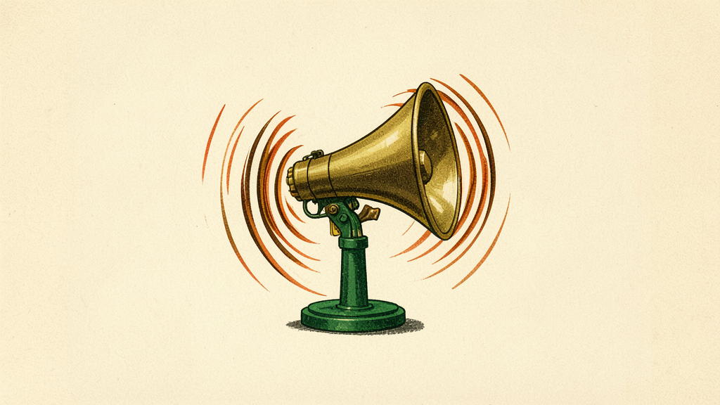 Vintage brass megaphone on green stand emits orange concentric sound waves against beige background