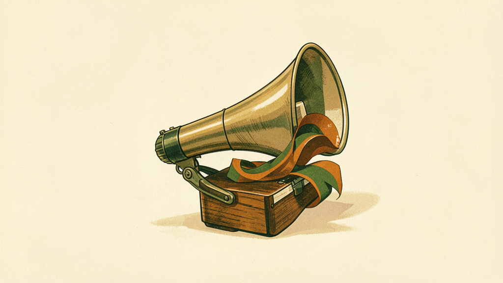Vintage brass megaphone resting on a wooden box with green and orange ribbons
