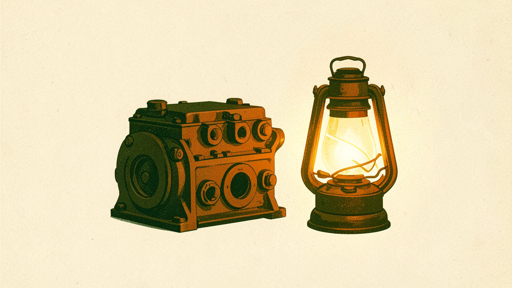 Vintage industrial machine with knobs beside a glowing oil lantern on beige background
